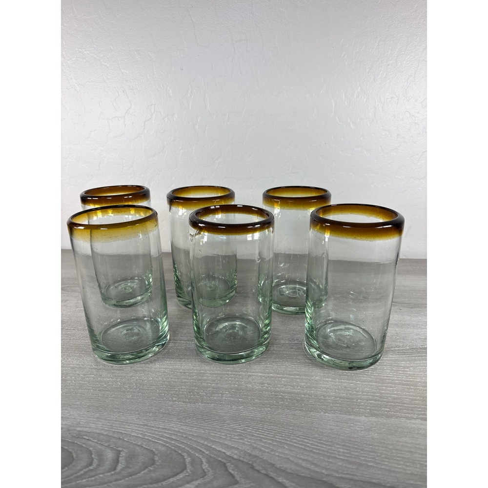 Set of 6 Mexican Hand Blown Drinking Glasses Amber Brown Rim Recycled Glass 14oz
